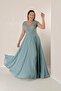 Plus Size Chiffon Long Dress with Front Back V-Neck Bead Guipure Detail - 2