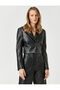 Faux Leather Crop Blazer Jacket with Single Button Pocket Detail