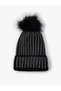 Stone Knitted Beanie Edges Layered Plush Pompom Detailed - 3