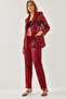 Women's Burgundy Sequined Semi-Transparent Textured Top and Bottom Set Mbms026 60501026