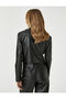 Faux Leather Crop Blazer Jacket with Single Button Pocket Detail - 4