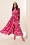 Rose Print Long Viscose Hijab Dress with Button Front Lace up Waist - 2