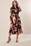 Front Half Button Waist Belted Pleated Floral Print Lined Satin Dress - 3