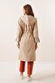 Lined Hooded Trench Coat with Striped Fold Sleeves and Gathered Waist - 4
