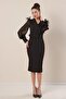 Double Breasted Neckline Waist Belt Front Slit Sleeve Chiffon and Cuffed Feather Detail Crepe Dress