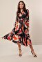 Front Half Button Waist Belted Pleated Floral Print Lined Satin Dress