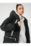 Long Puffer Jacket Zippered Pocket Detailed Hooded Slogan Printed - 2