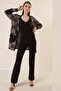 High Waist Knitted Crepe Patchwork Palazzo Trousers Black - 2