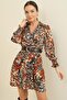 Double-breasted Polo Collar Waist Belt Lined Leopard Patterned Satin Dress - 2