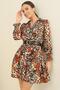 Double-breasted Polo Collar Waist Belt Lined Leopard Patterned Satin Dress