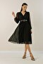 Double Breasted Neck Waist Belted Pleated Lined Chiffon Dress