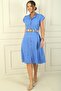 Women's Neckline Off-Shoulder Double Pocket Linen Effect Dress with Belt - 3