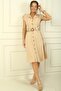 Women's Neckline Off-Shoulder Double Pocket Linen Effect Dress with Belt - 2