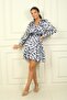Women's Double Breasted Polo Neck Lined Zigzag Print Satin Dress with Belt at Waist - 3