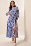 Floral Long Viscose Dress with Button Front Lace up Waist - 2
