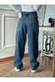 Dark Blue Buckle Detailed Loose Fitting Wide Leg Comfortable Baggy Jean Jeans Loose Women's Pants - 4