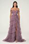 Off-Shoulder Dusty Rose Glitter Tulle Skirt Evening Dress - 60