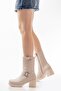 5109-3043 Beige Buckle Accessory Zippered Thick Heeled Daily Women's Boots