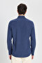 Men's Navy Blue 100% Cotton Flannel Slim Fit Slim Fit Classic Lapel Dobby Shirt - 6