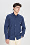 Men's Navy Blue 100% Cotton Flannel Slim Fit Slim Fit Classic Lapel Dobby Shirt - 3