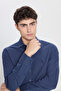 Men's Navy Blue 100% Cotton Flannel Slim Fit Slim Fit Classic Lapel Dobby Shirt - 5