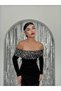 Midi Length Premium Black Velvet Dress with Sequin Embroidery on Collar - 3