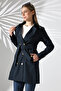 Women's Casual Belted Mid-Length Lined Long-Sleeved Embroidered Trench Coat, Navy Blue - 7