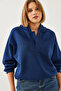 Women's Navy Blue Hooded V-Neck Sweatshirt 60351253 - 4