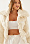 Women's Beige Turtleneck Plush Coat with Elastic Waist 938137 60351233 - 7