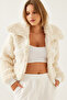Women's Beige Turtleneck Plush Coat with Elastic Waist 938137 60351233 - 6