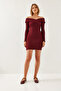Women's Burgundy Collar Cross Patterned Dress 60351232 - 5