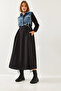 Women's Black Denim Embellished Long Flared Dress 60351248 - 7