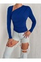 Women's Cobalt Blue V Low-Cut Detail Double-Layer Sandy Fabric Blouse - 2