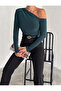 Women's Emerald Green One Shoulder Open Long Sleeve Sandy Fabric Knitted Blouse - 7