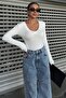 Women's Lycra Fabric Long Sleeve V Neck White Blouse 12972 - 5