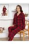 Women's Polo Collar Red Check Front Buttoned Shirt Pajamas Set Dowry Nightgown - 3