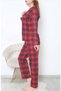 Women's Polo Collar Red Check Front Buttoned Shirt Pajamas Set Dowry Nightgown - 6