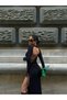 Women's Maxi Length Deep Slit Back Low-cut Back Lace-up Asymmetrical Black Cool Dress - 3