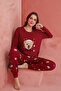 Burgundy Teddy Bear Patterned Luxury Thermal Women's Pajamas Set