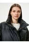 Faux Leather Oversize Puffer Jacket with Pockets Stand Collar Zipper - 2