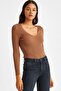 Women's Brown V-Neck Ribbed Knitwear