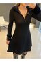 Women's Long Sleeve Neckline and Cuffs Plush Detail Zipper Low-Cut Mini Dress - 3