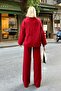 Red Pra Polo Collar Oversize Sweater-Pants Knitted Women's Bottom-Top Set - 5