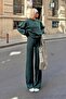 Green Crew Neck Oversize Sweater-Pants Knit Women's Bottom-Top Suit - 3