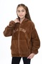 Girl's Hooded Zippered Pockets Off Shoulder Embroidery Printed Plush Cardigan - 3