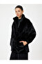 Stand Collar Zippered Plush Coat with Pockets and Elastic Waist Detail - 3