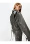 Biker Jacket Distressed Faux Leather Double-Breasted with Tie Detail