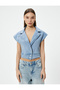Short Denim Jacket Sleeveless Double Breasted Buttoned - 3