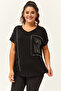 Women's Plus Size Pocket Printed Stone Detail Black Blouse - 4