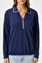 Women's Elite Viscose Polo Neck Stripe Navy Blue and White Knitwear Sweater - 2